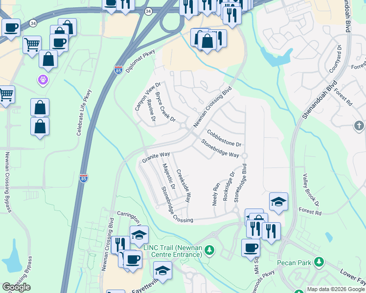 map of restaurants, bars, coffee shops, grocery stores, and more near 293 Granite Way in Newnan