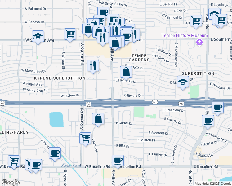 map of restaurants, bars, coffee shops, grocery stores, and more near 4171 South Mill Avenue in Tempe
