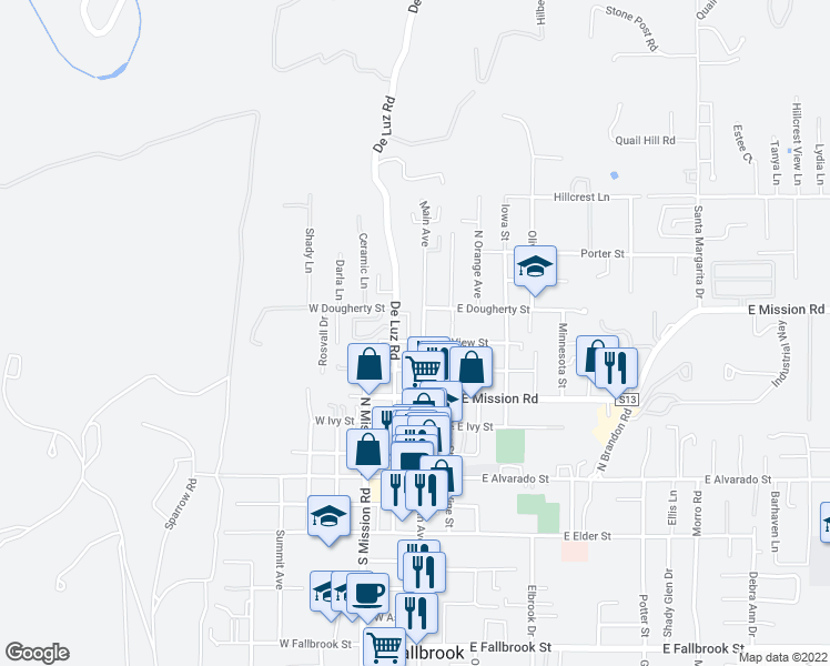 map of restaurants, bars, coffee shops, grocery stores, and more near 612 North Main Avenue in Fallbrook