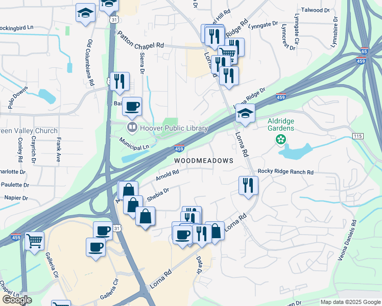 map of restaurants, bars, coffee shops, grocery stores, and more near 2051 Woodmeadow Drive in Birmingham