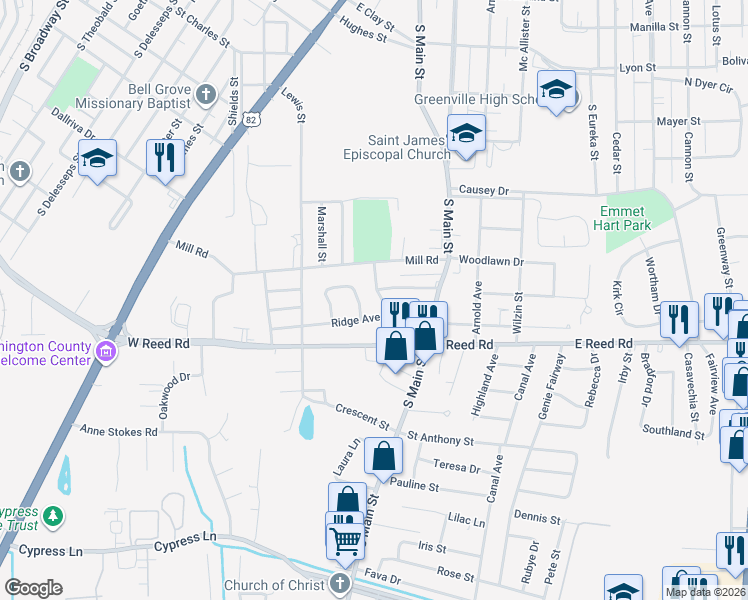map of restaurants, bars, coffee shops, grocery stores, and more near 1220 East Cotton Drive in Greenville