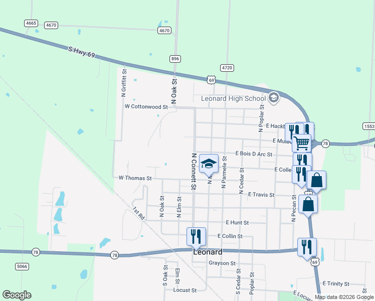 map of restaurants, bars, coffee shops, grocery stores, and more near 703 North Connett Street in Leonard