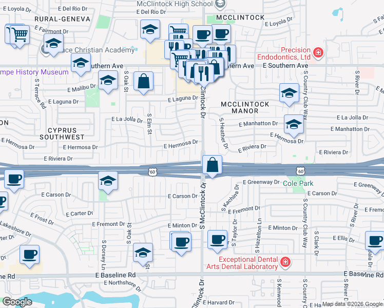 map of restaurants, bars, coffee shops, grocery stores, and more near 3909 South Butte Avenue in Tempe