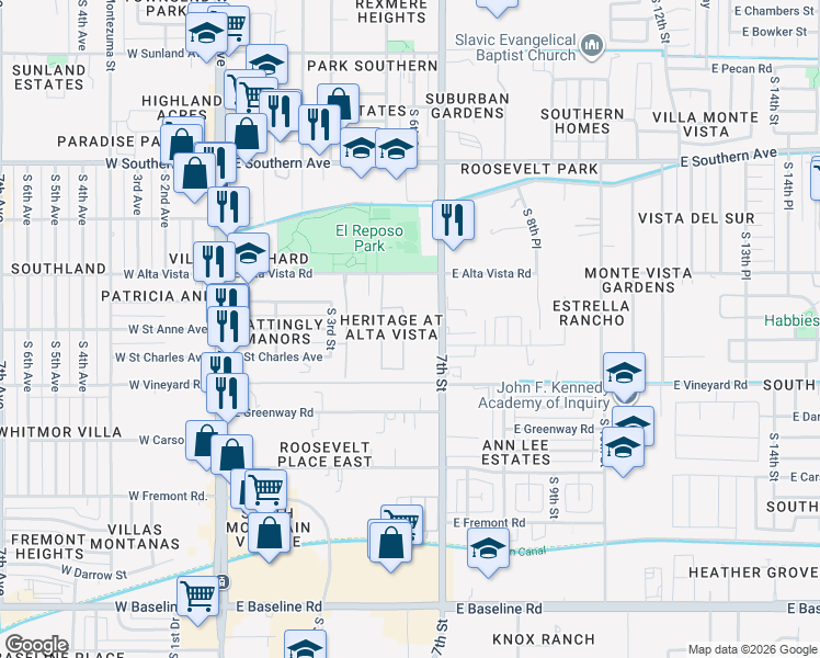 map of restaurants, bars, coffee shops, grocery stores, and more near 6516 South 5th Way in Phoenix