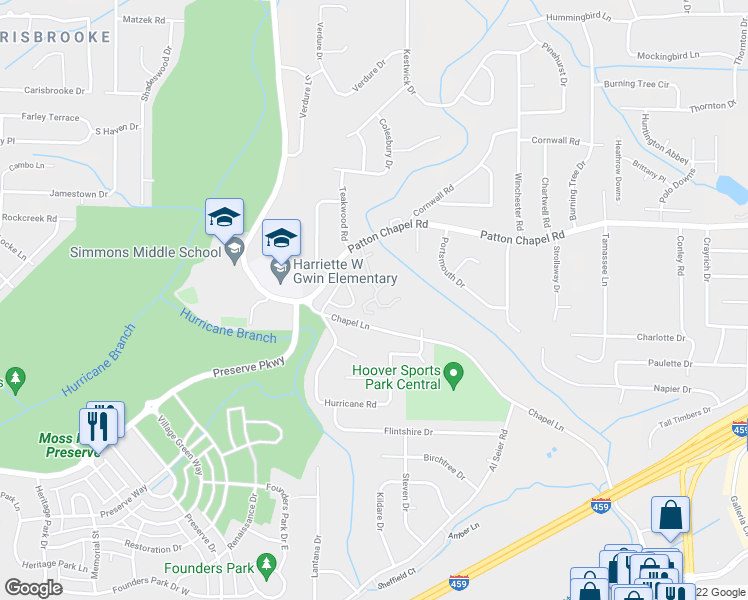 map of restaurants, bars, coffee shops, grocery stores, and more near 2009 Patton Creek Lane in Hoover
