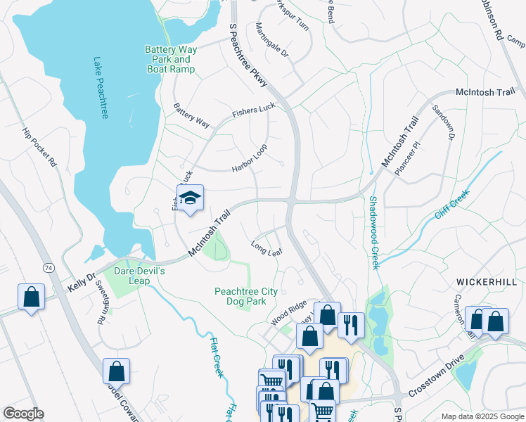 map of restaurants, bars, coffee shops, grocery stores, and more near 310 Park Leaf in Peachtree City