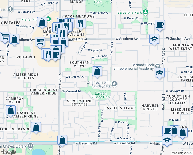 map of restaurants, bars, coffee shops, grocery stores, and more near 3225 West Saint Anne Avenue in Phoenix