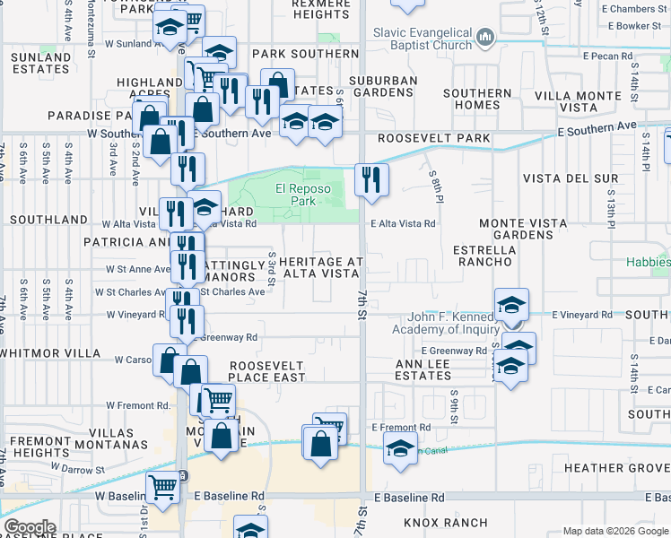 map of restaurants, bars, coffee shops, grocery stores, and more near 6516 South 5th Way in Phoenix