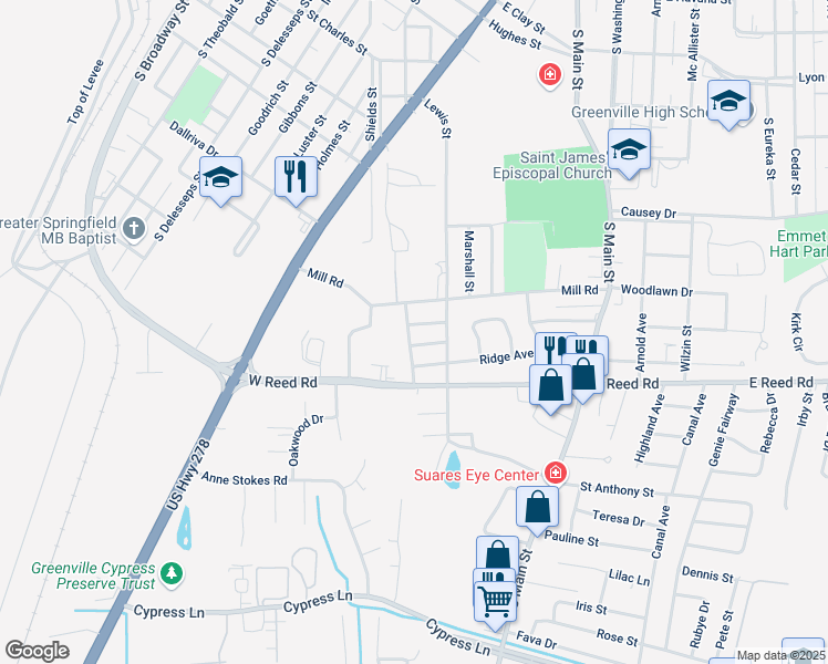 map of restaurants, bars, coffee shops, grocery stores, and more near 1219 Daniels Street in Greenville