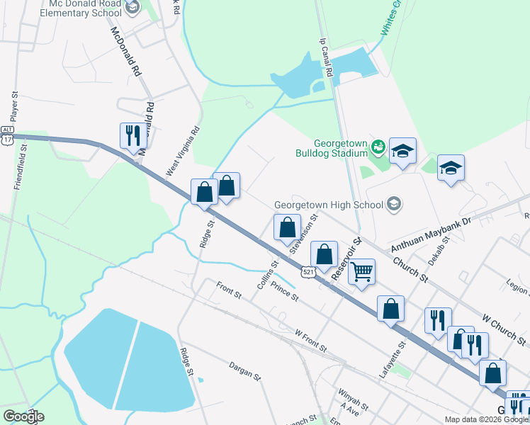 map of restaurants, bars, coffee shops, grocery stores, and more near 2905 Whites Bridge Drive in Georgetown