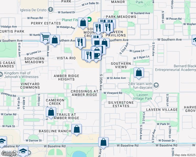 map of restaurants, bars, coffee shops, grocery stores, and more near 6500 South 35th Avenue in Phoenix