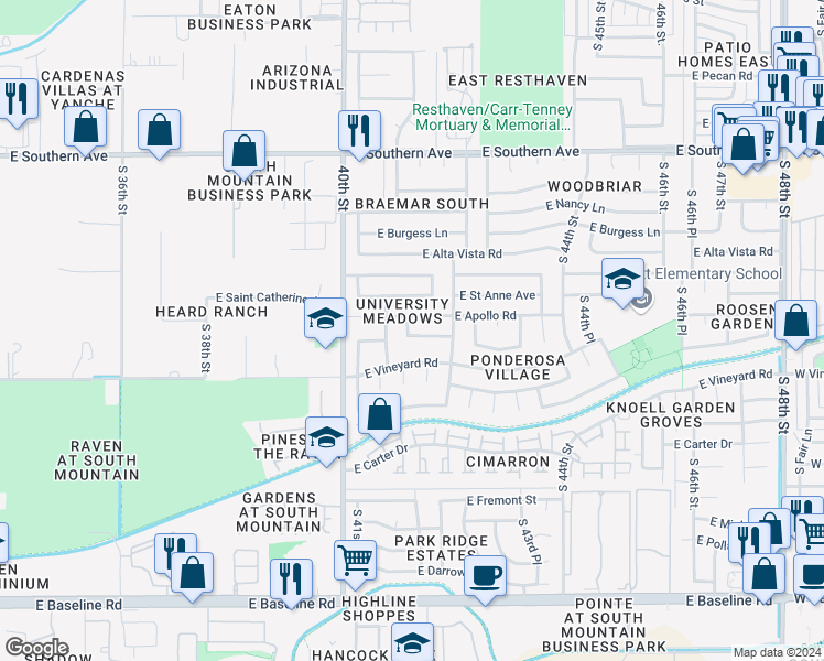map of restaurants, bars, coffee shops, grocery stores, and more near 4102 East Saint Charles Avenue in Phoenix