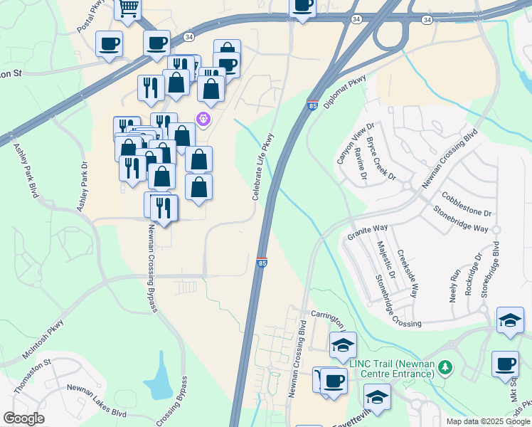 map of restaurants, bars, coffee shops, grocery stores, and more near Georgia 403 in Newnan