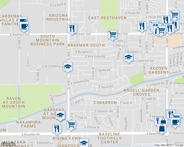 map of restaurants, bars, coffee shops, grocery stores, and more near 4140 East Saint Charles Avenue in Phoenix