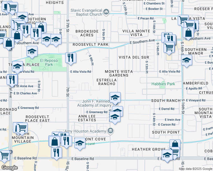 map of restaurants, bars, coffee shops, grocery stores, and more near 6440 South 10th Street in Phoenix