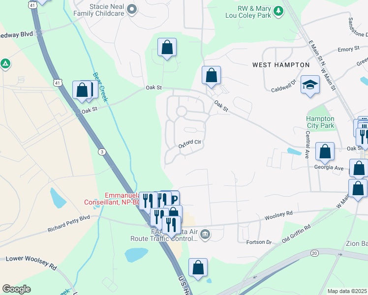 map of restaurants, bars, coffee shops, grocery stores, and more near 204 Oxford Circle in Hampton