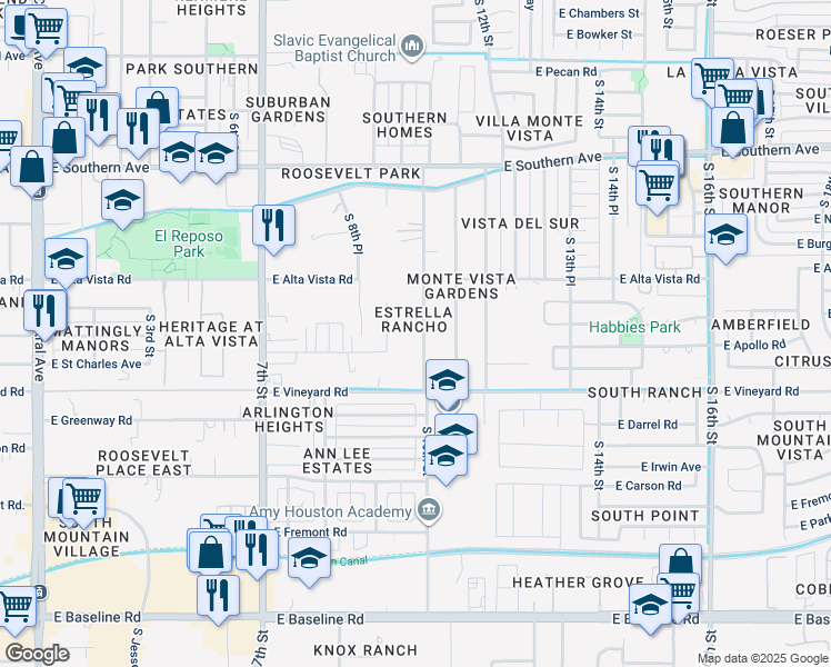 map of restaurants, bars, coffee shops, grocery stores, and more near 6440 South 10th Street in Phoenix