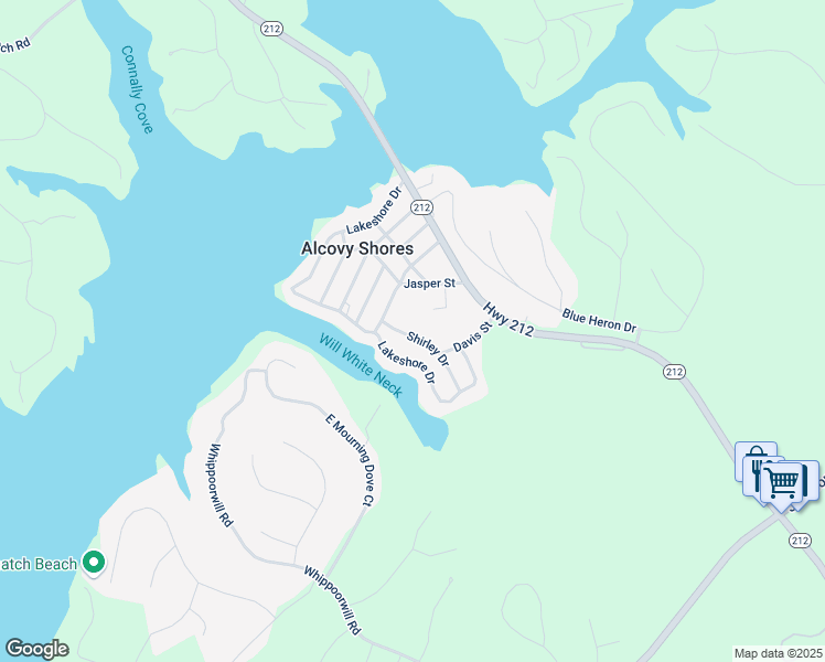 map of restaurants, bars, coffee shops, grocery stores, and more near 75 Shirley Drive in Monticello