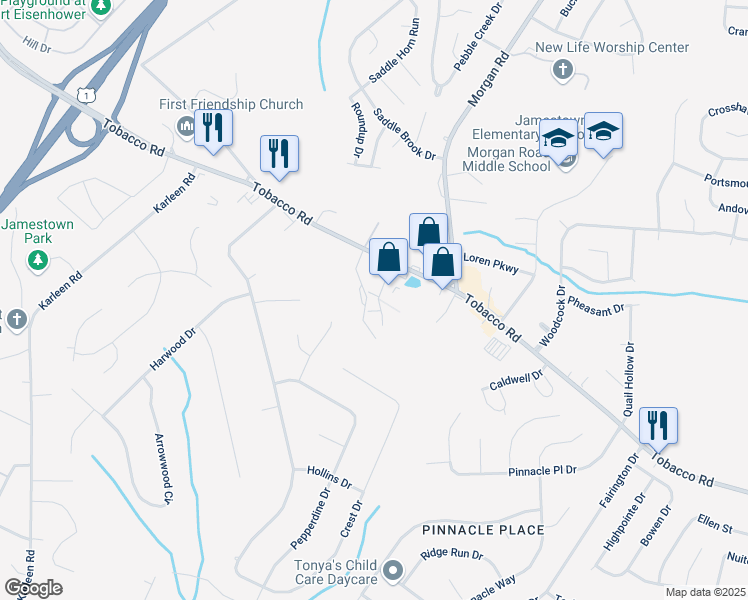 map of restaurants, bars, coffee shops, grocery stores, and more near 102 Westgate Court in Hephzibah