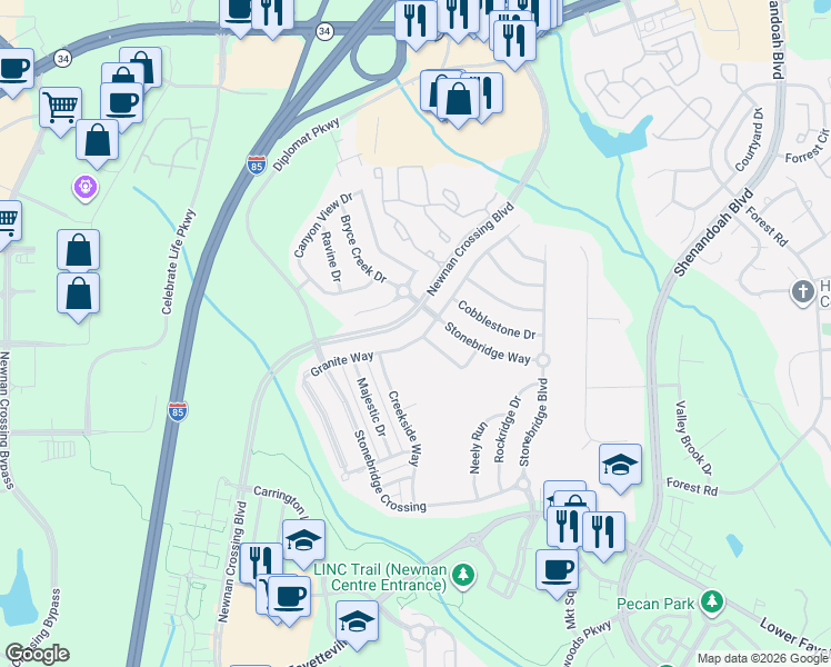 map of restaurants, bars, coffee shops, grocery stores, and more near 293 Granite Way in Newnan