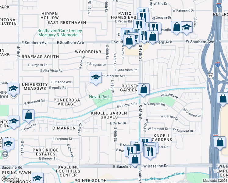 map of restaurants, bars, coffee shops, grocery stores, and more near 6443 South 46th Place in Phoenix