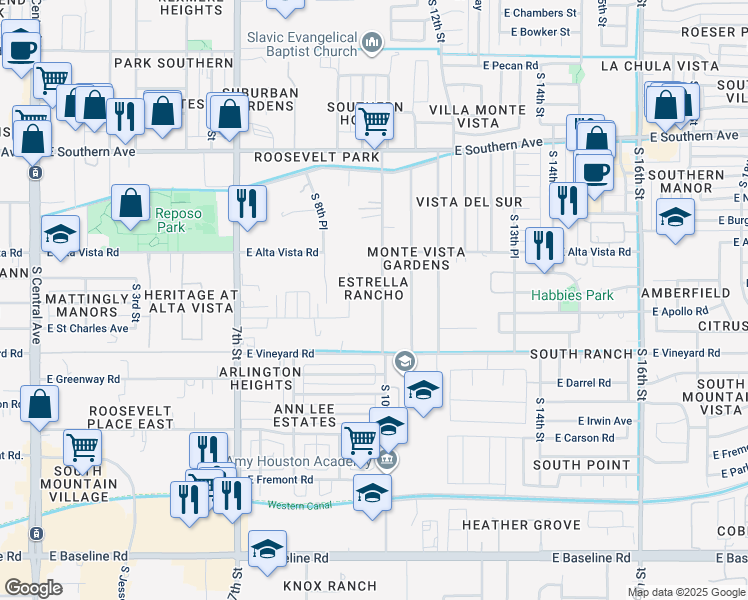 map of restaurants, bars, coffee shops, grocery stores, and more near 6440 South 10th Street in Phoenix