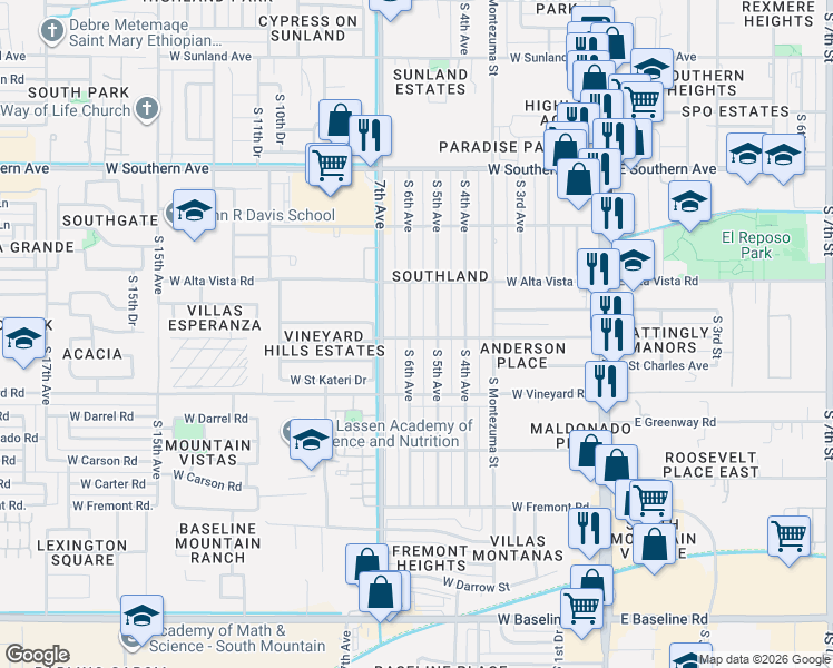 map of restaurants, bars, coffee shops, grocery stores, and more near 6446 South 5th Avenue in Phoenix