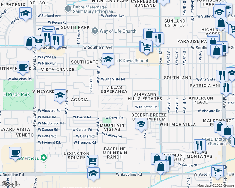 map of restaurants, bars, coffee shops, grocery stores, and more near 1205 West Lydia Lane in Phoenix