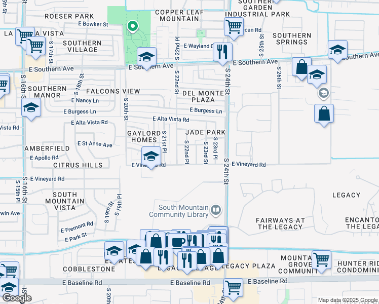map of restaurants, bars, coffee shops, grocery stores, and more near 6613 South 22nd Place in Phoenix