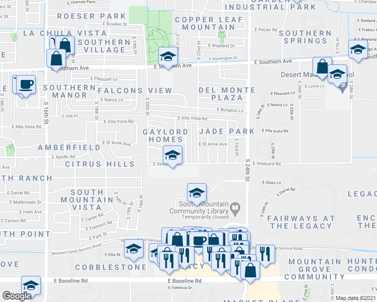 map of restaurants, bars, coffee shops, grocery stores, and more near 6619 South 21st Place in Phoenix