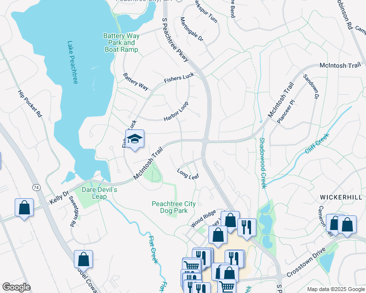 map of restaurants, bars, coffee shops, grocery stores, and more near 310 Park Leaf in Peachtree City