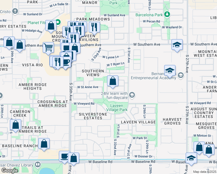 map of restaurants, bars, coffee shops, grocery stores, and more near 3225 West Saint Anne Avenue in Phoenix