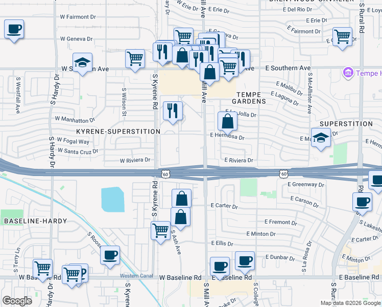 map of restaurants, bars, coffee shops, grocery stores, and more near 4130 South Mill Avenue in Tempe