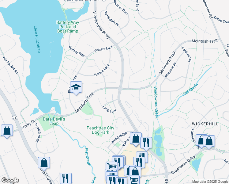 map of restaurants, bars, coffee shops, grocery stores, and more near 208 1st Leaf in Peachtree City
