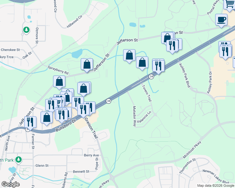 map of restaurants, bars, coffee shops, grocery stores, and more near 104 Bullsboro Drive in Newnan