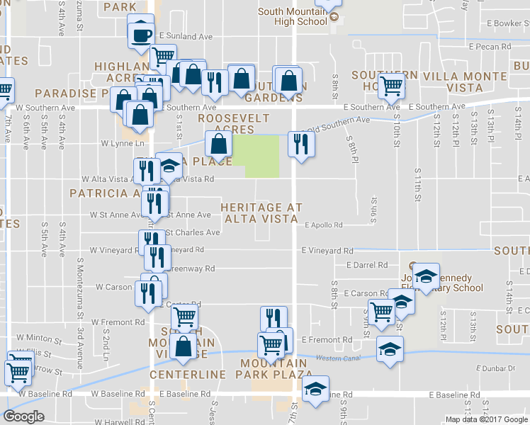 map of restaurants, bars, coffee shops, grocery stores, and more near 6516 South 5th Way in Phoenix