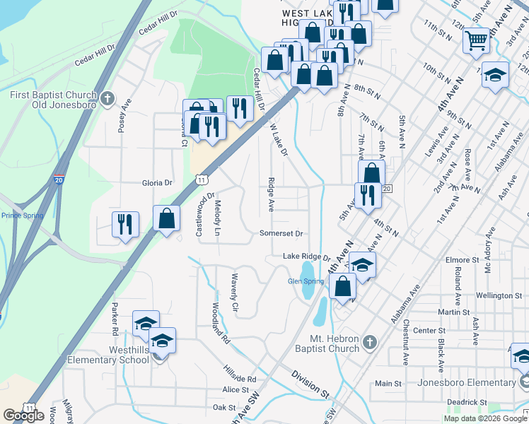 map of restaurants, bars, coffee shops, grocery stores, and more near 328 Ridge Avenue in Bessemer