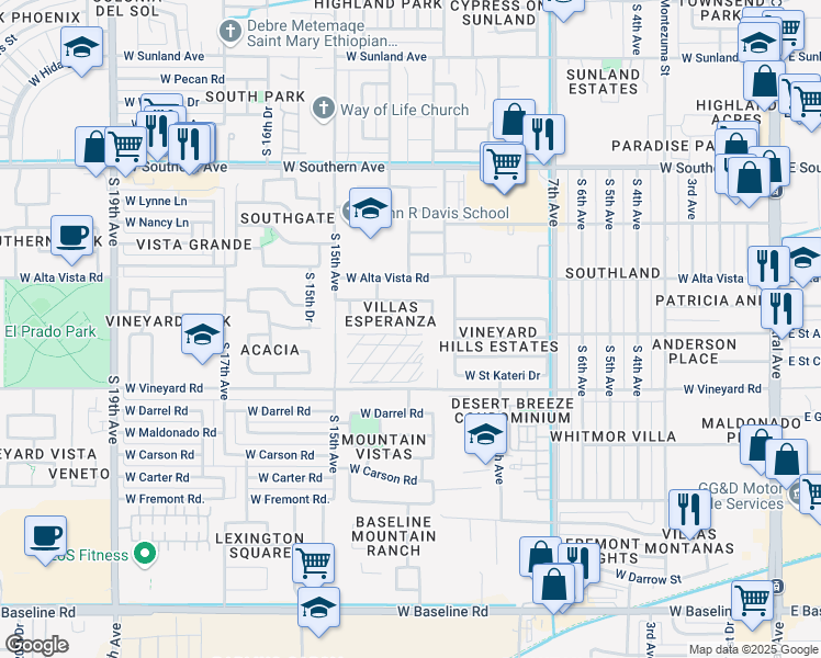 map of restaurants, bars, coffee shops, grocery stores, and more near 1205 West Lydia Lane in Phoenix