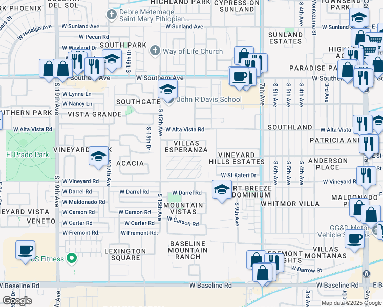 map of restaurants, bars, coffee shops, grocery stores, and more near 1205 West Lydia Lane in Phoenix