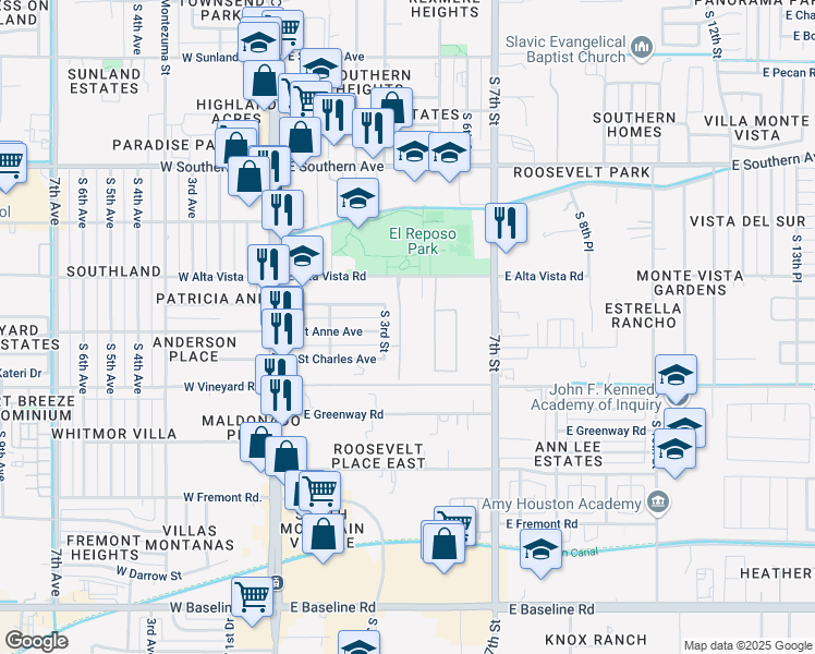 map of restaurants, bars, coffee shops, grocery stores, and more near 6525 South 4th Street in Phoenix