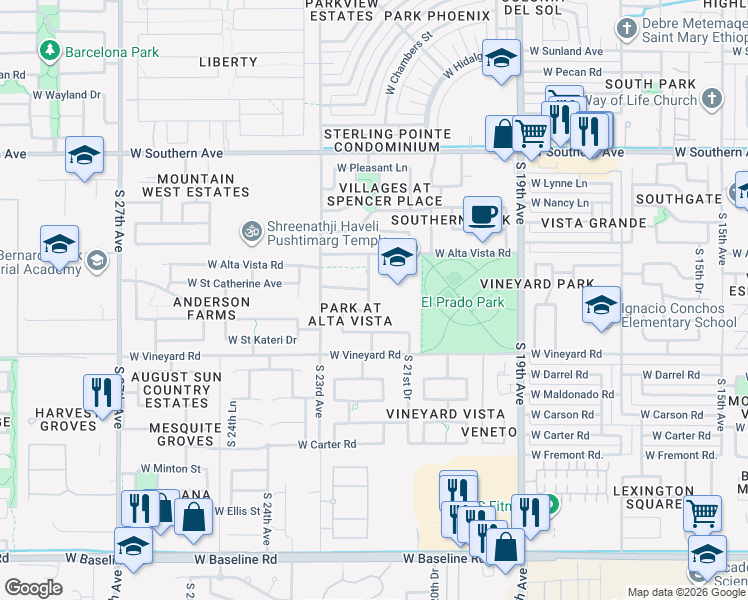 map of restaurants, bars, coffee shops, grocery stores, and more near 6513 South 22nd Avenue in Phoenix