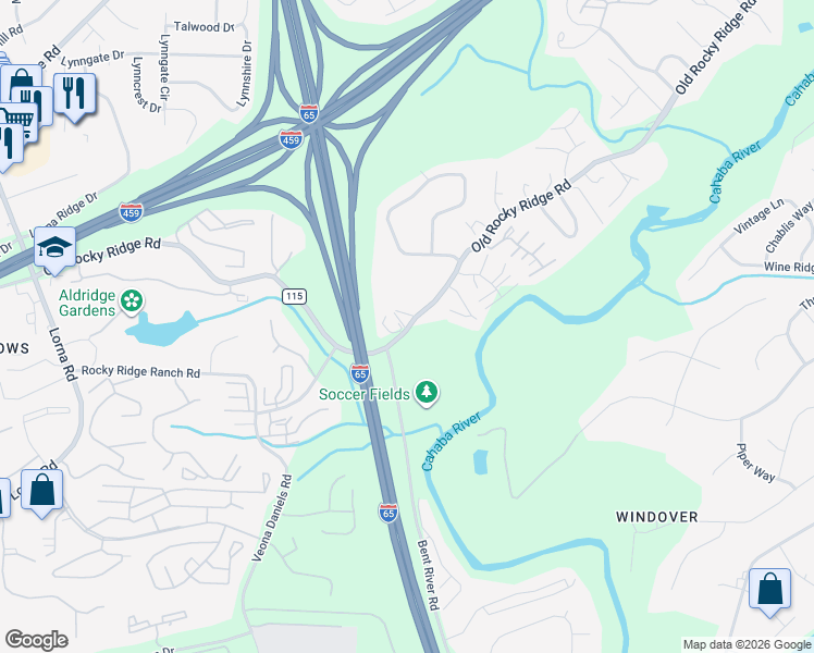 map of restaurants, bars, coffee shops, grocery stores, and more near 2308 Old Rocky Ridge Road in Birmingham