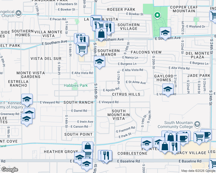 map of restaurants, bars, coffee shops, grocery stores, and more near 6441 South 16th Way in Phoenix
