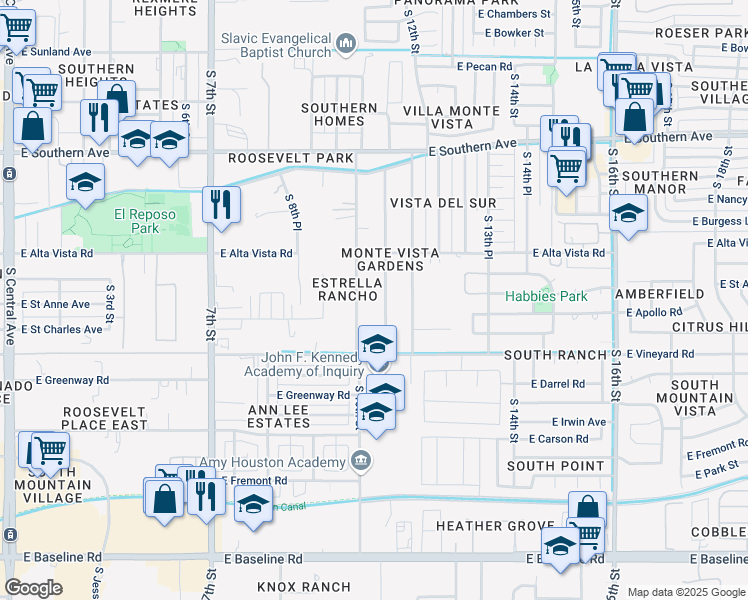 map of restaurants, bars, coffee shops, grocery stores, and more near 6439 South 10th Street in Phoenix