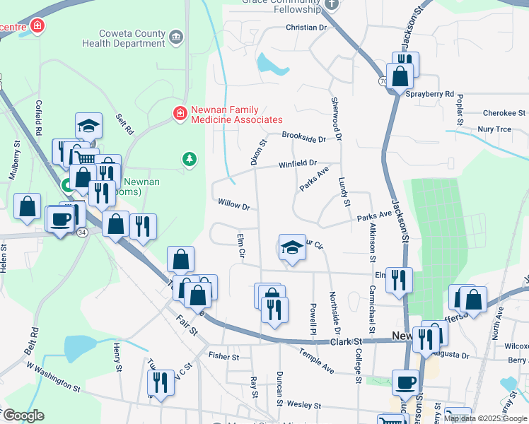 map of restaurants, bars, coffee shops, grocery stores, and more near 47 Dixon St in Newnan