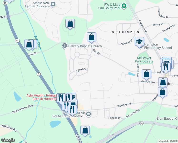 map of restaurants, bars, coffee shops, grocery stores, and more near 311 Stratford Drive in Hampton