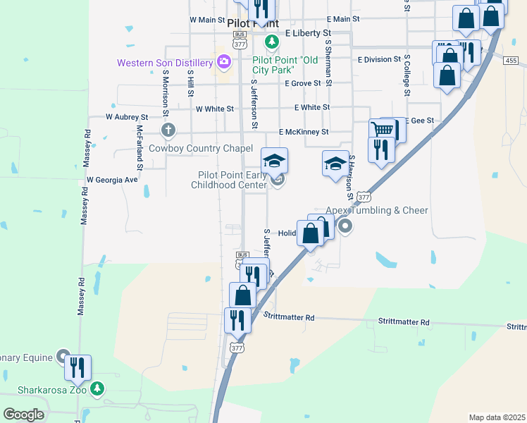 map of restaurants, bars, coffee shops, grocery stores, and more near 920 South Jefferson Street in Pilot Point