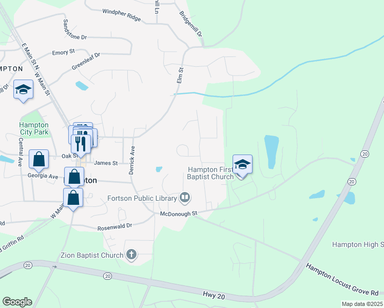 map of restaurants, bars, coffee shops, grocery stores, and more near 341 Peachtree Circle in Hampton