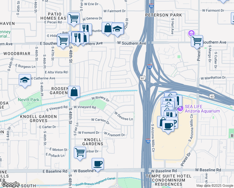 map of restaurants, bars, coffee shops, grocery stores, and more near 2210 West Hermosa Drive in Tempe