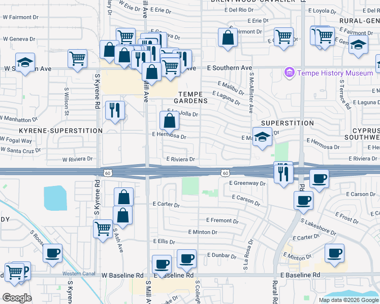 map of restaurants, bars, coffee shops, grocery stores, and more near 158 East Santa Cruz Drive in Tempe